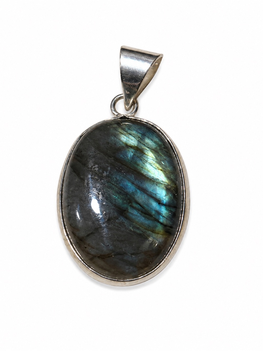 Labradorite Oval Sterling Silver Pendant - Blue-Green Flash
